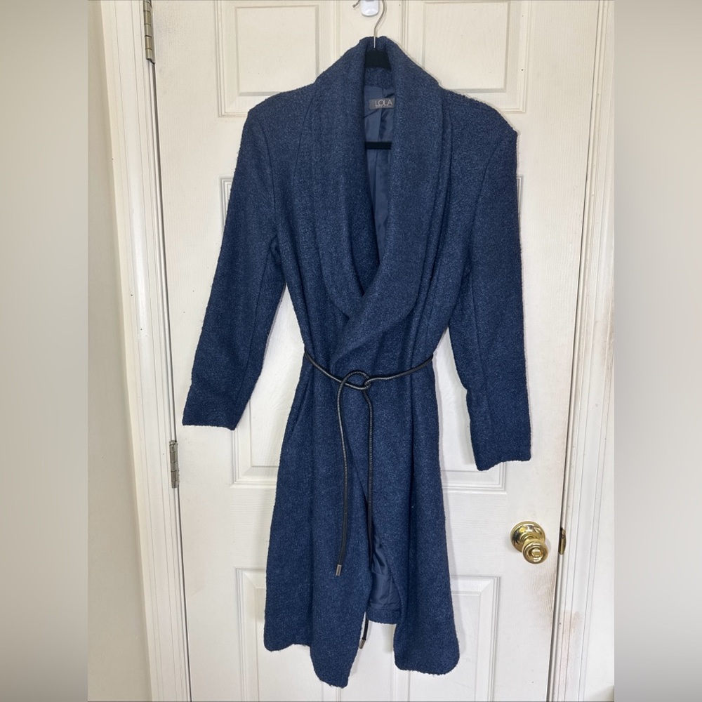 NWOT Women’s Lana Wool Blend Blue Robe Size Small With Leather Belt & Pockets
